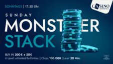 Ein detailliertes Bild einer Poker-Webseite mit dem Titel "Monster Stack". Das Design ist modern und ansprechend, mit Grafiken von Pokerchips und Spielkarten. Es gibt verschiedene Abschnitte für Spielerinformation