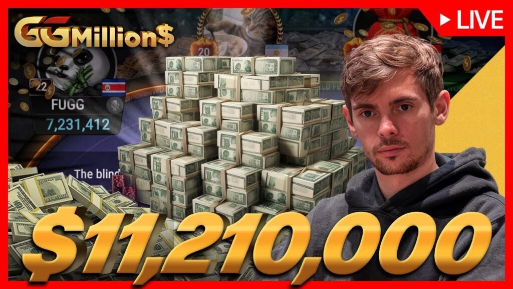 Ein lebhaftes Pokerturnier mit einer großen Menschenmenge, die gespannt an den Tischen sitzt. Spielerinnen und Spieler in verschiedenen Outfits und Konzentration auf ihre Karten. Eine aufregende und energiegel