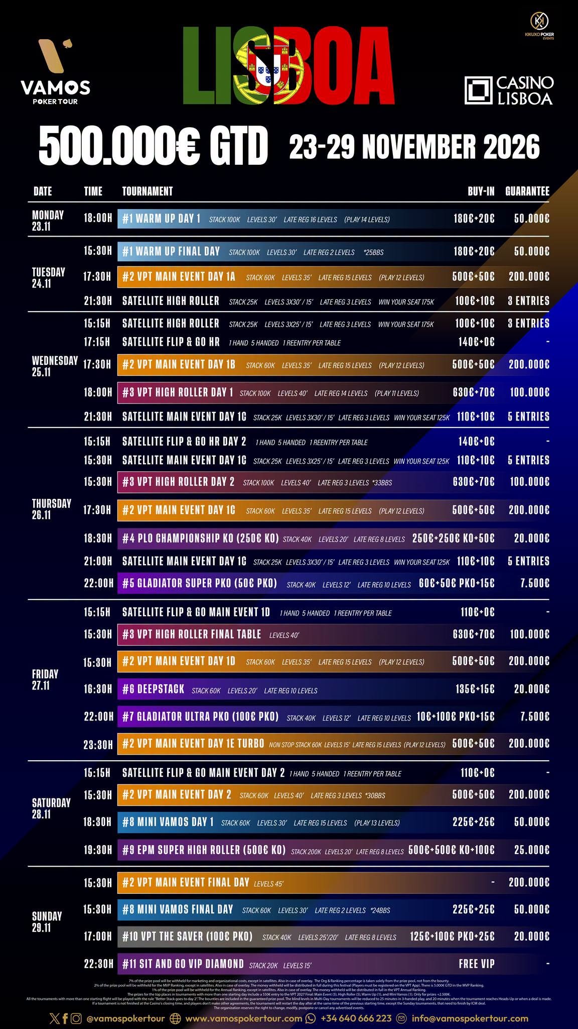Vamos Poker Tour Lisboa Schedule November 2026