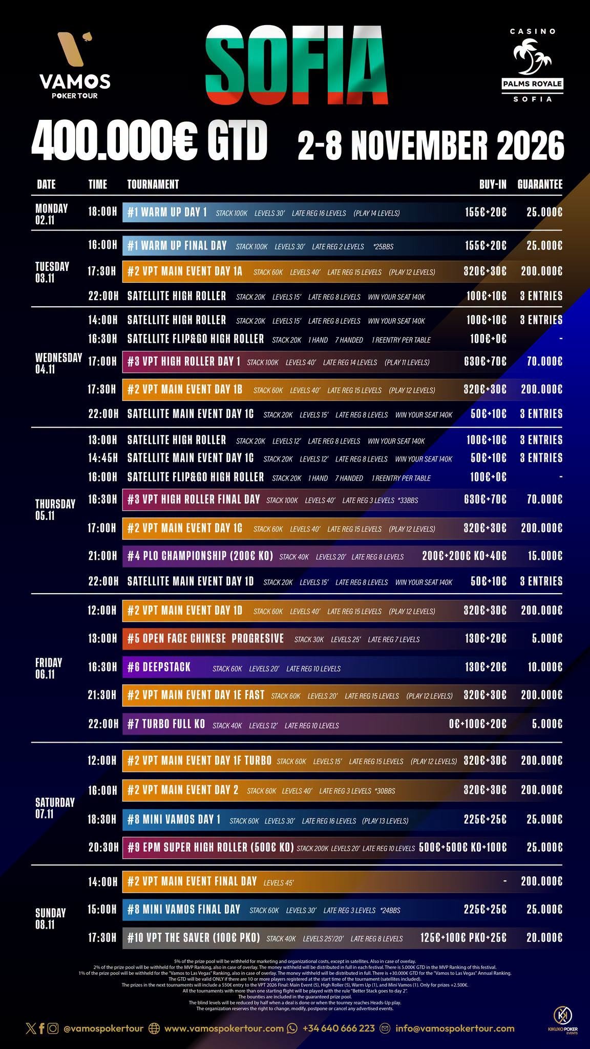 Vamos Poker Tour Sofia Schedule November 2026